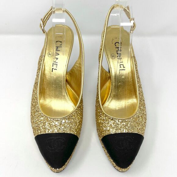 Chanel 2021 Slingback Gold Glitter Platform Cap Toe Pumps – Size 38 - Picture 2 of 10